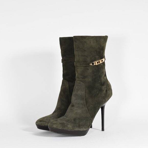 Burberry Olive Suede Ankle Boots with Gold Accents Size 37.5 Stiletto Heel - Picture 5 of 14